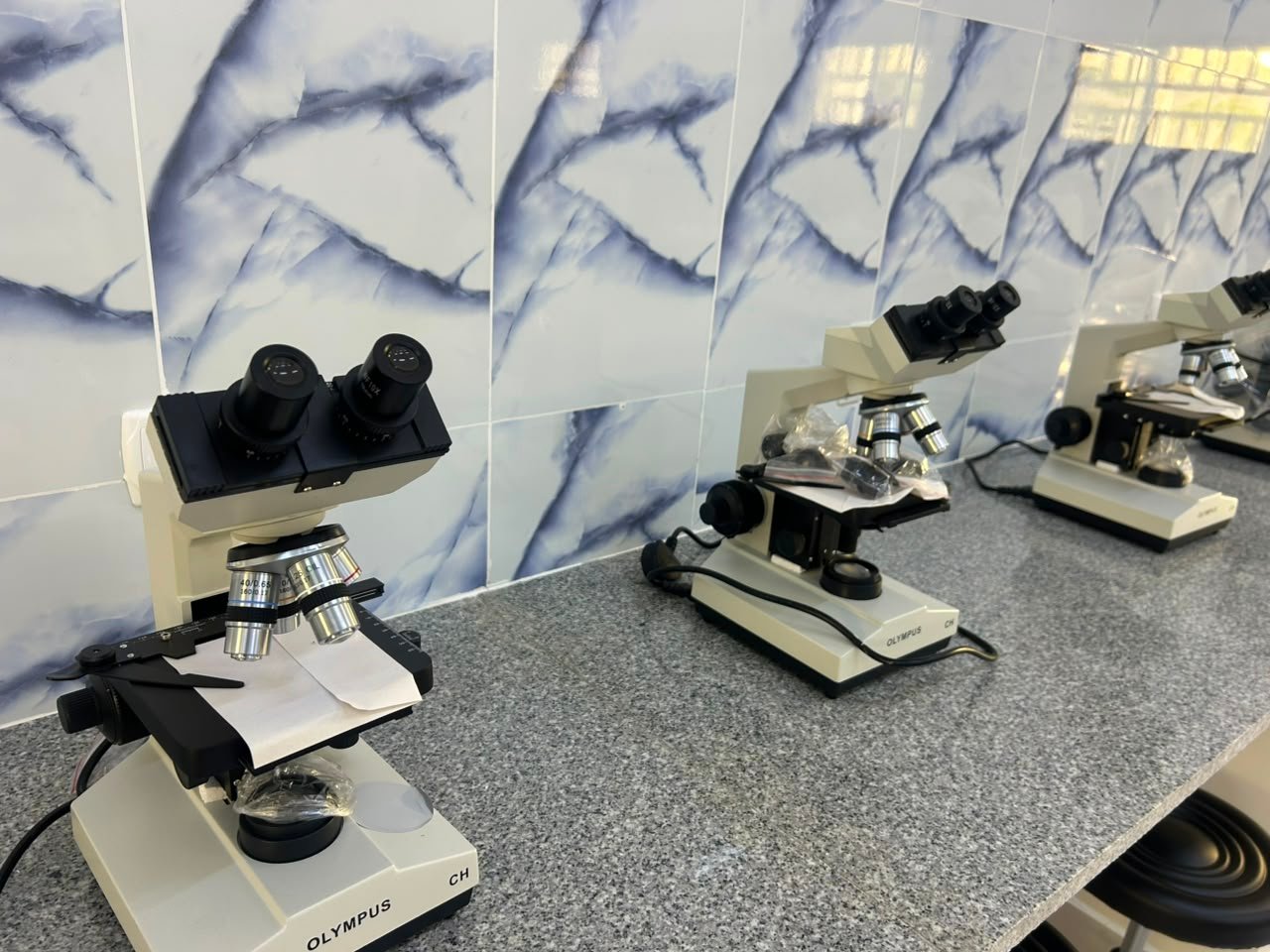 Microscópios Olympus preparados para práticas laboratoriais no ISPRL